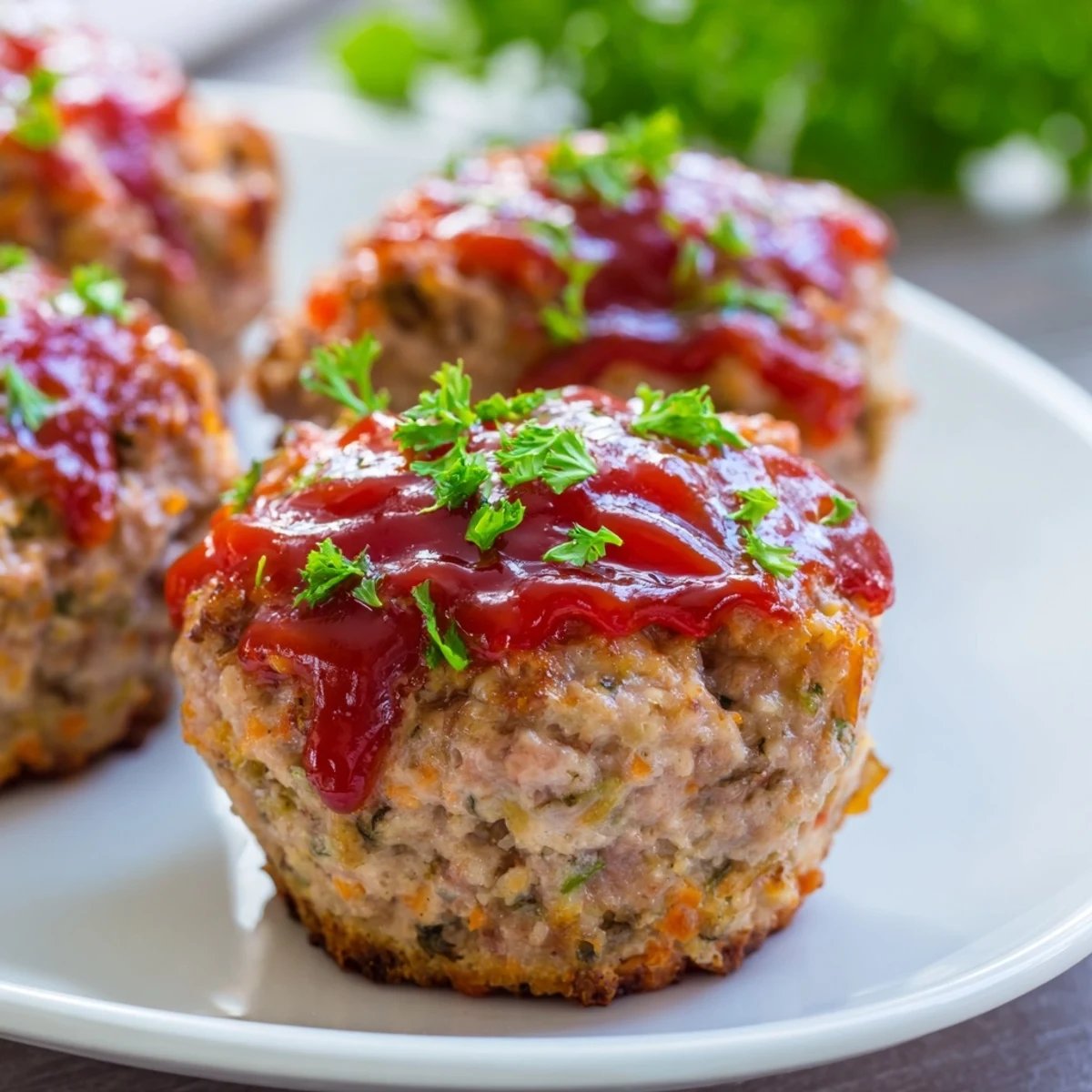 Golden glazed turkey meatloaf muffins baked in a muffin tin with caramelized ketchup topping