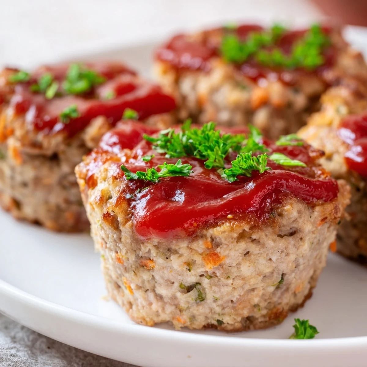 Moist ground turkey meatloaf muffins with brushed glaze garnished with fresh parsley