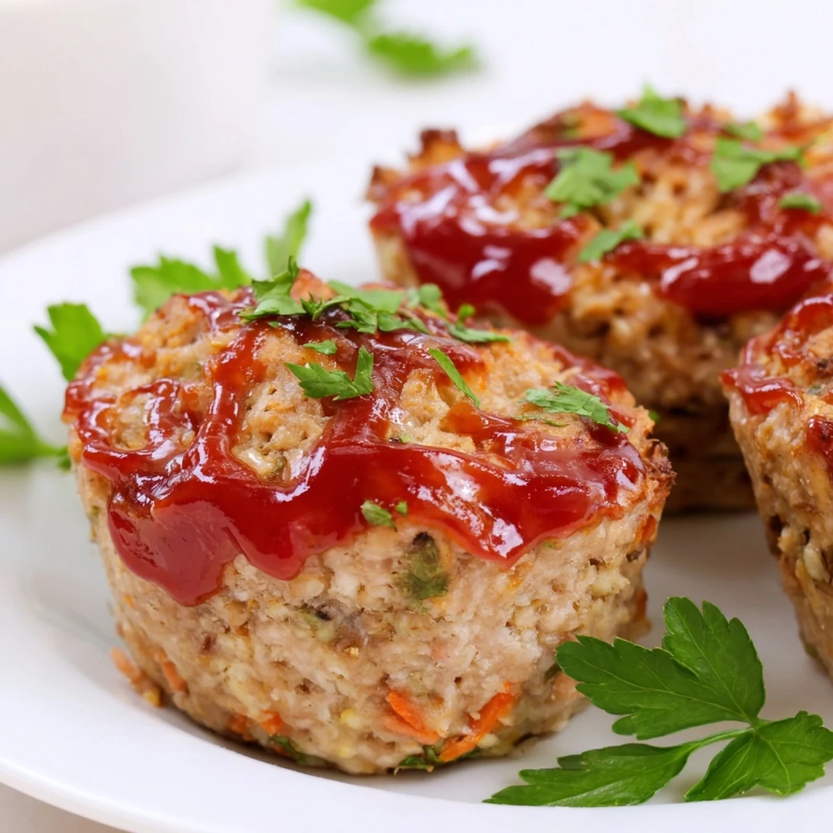 Individual savory turkey meatloaf muffins topped with sweet brown sugar glaze on a white plate