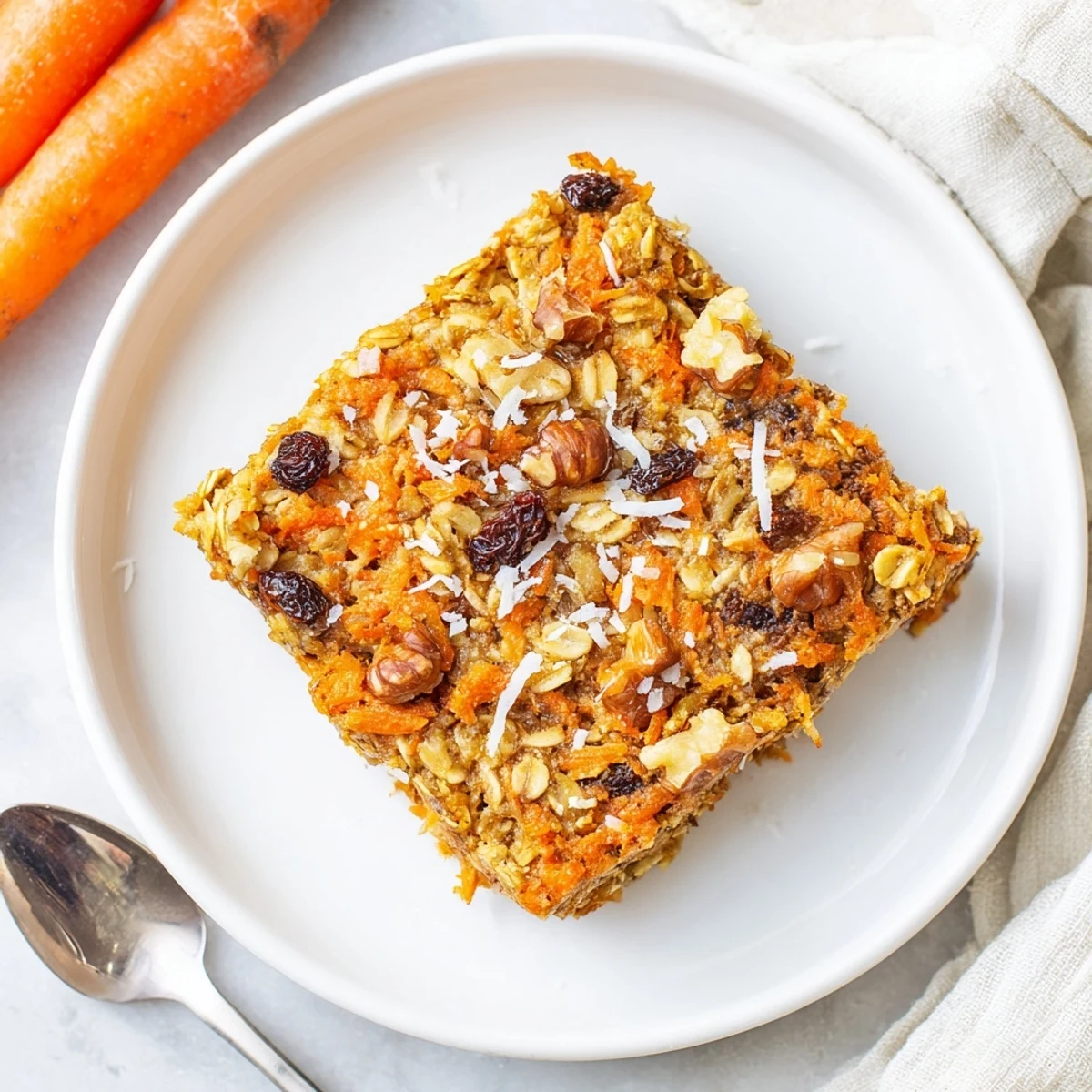 Golden carrot cake baked oatmeal topped with walnuts and raisins in a square baking dish