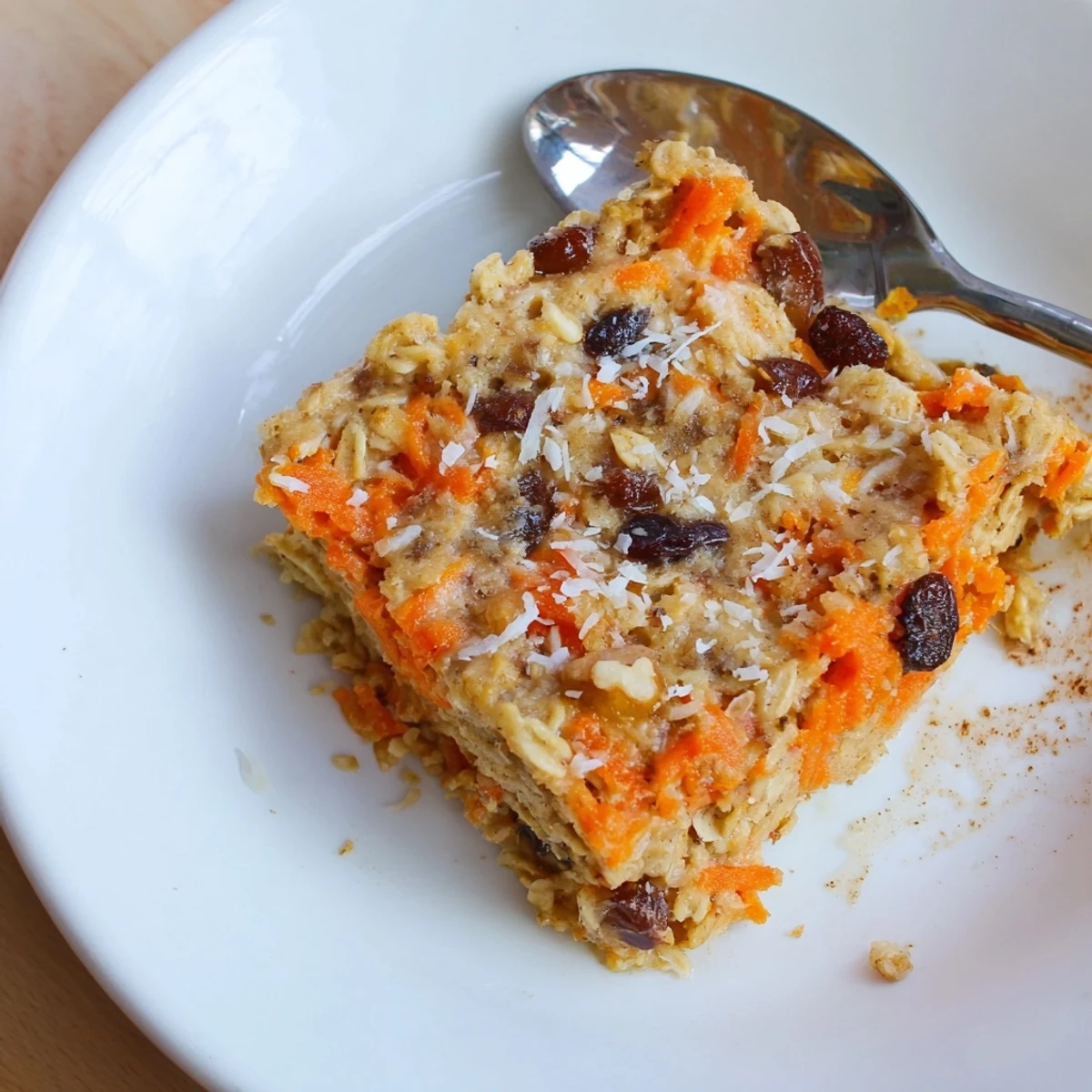 Warm bowl of carrot cake baked oatmeal sprinkled with cinnamon and shredded coconut