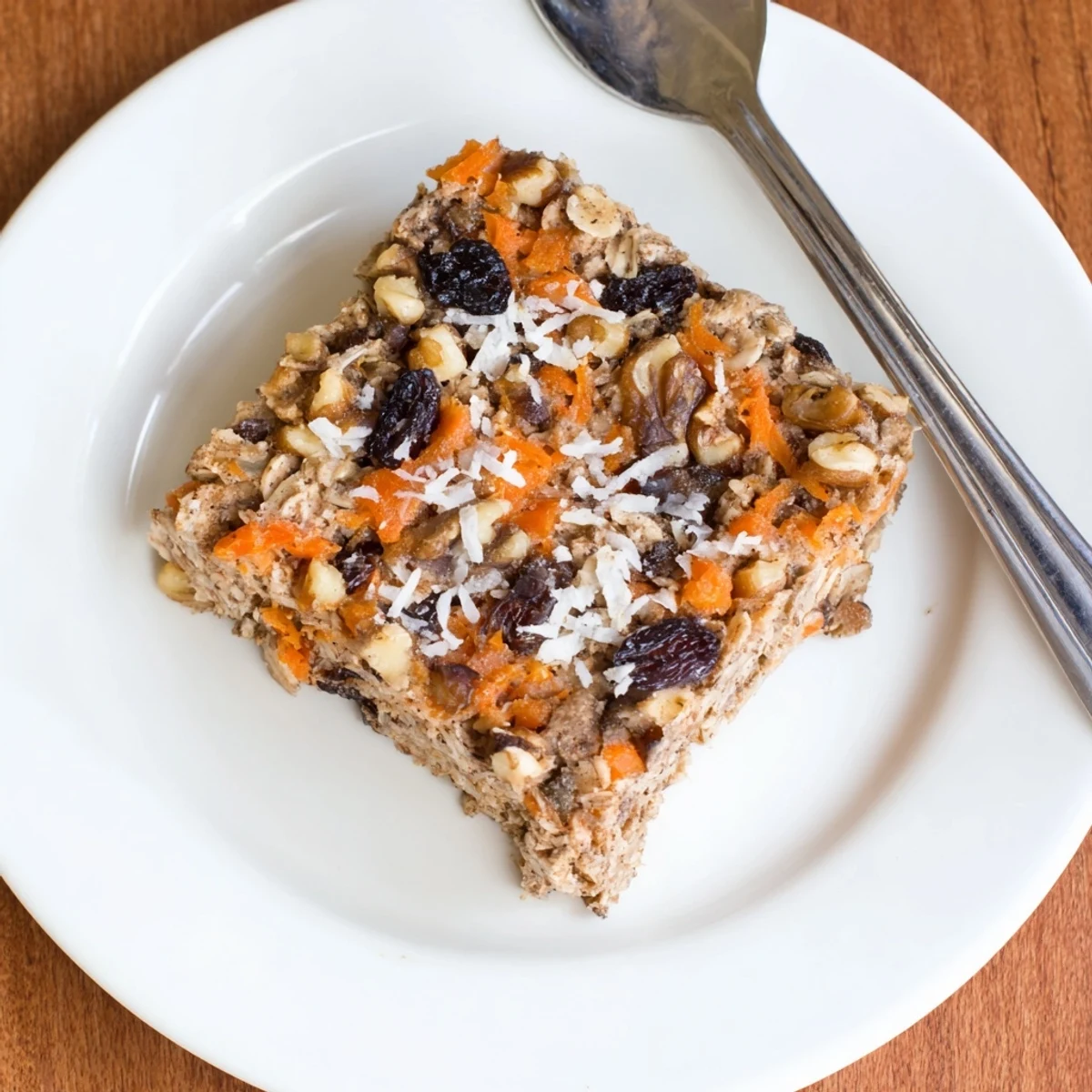 Wholesome carrot cake baked oatmeal served with cream cheese glaze and fresh grated carrots