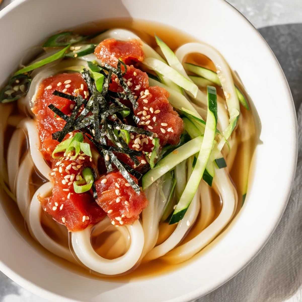 Steaming bowl of spicy tuna udon noodles topped with fresh green onions and sesame seeds