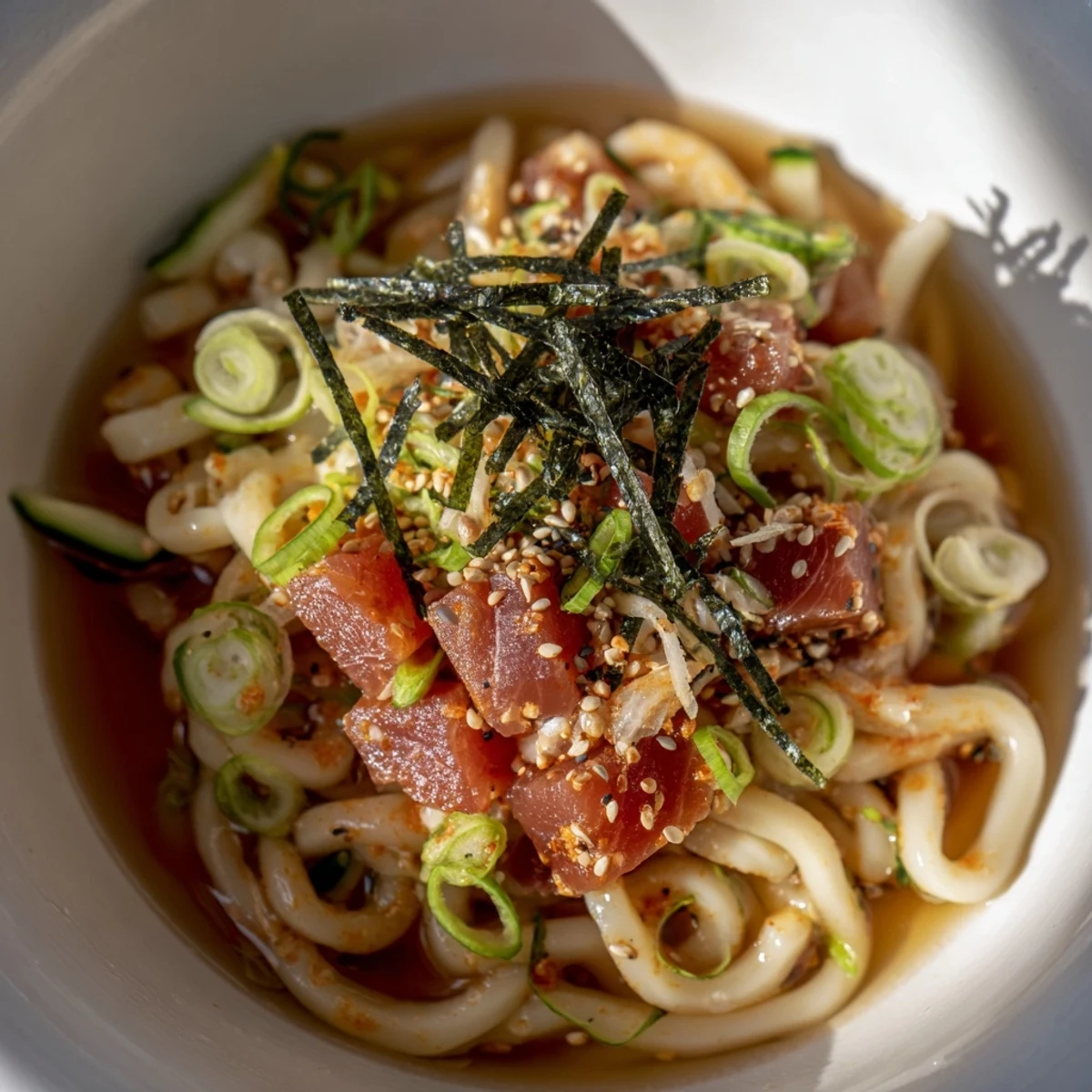Thick udon noodles in savory broth crowned with spicy marinated tuna and shredded seaweed