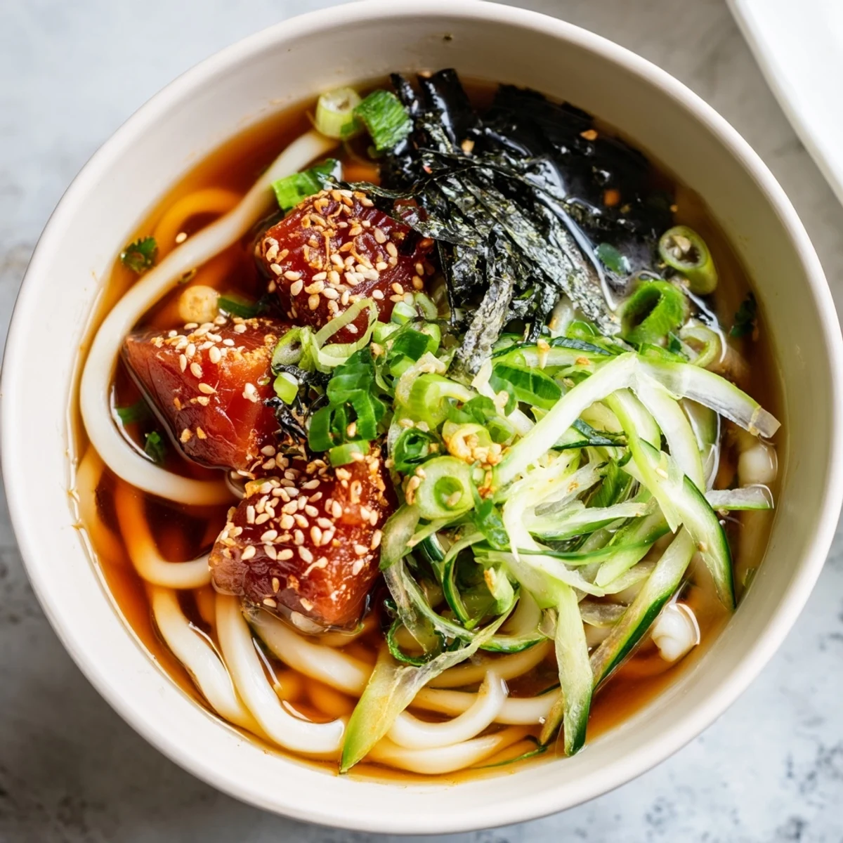 Japanese-style spicy tuna udon noodle bowl with marinated tuna, cucumber, and nori garnish