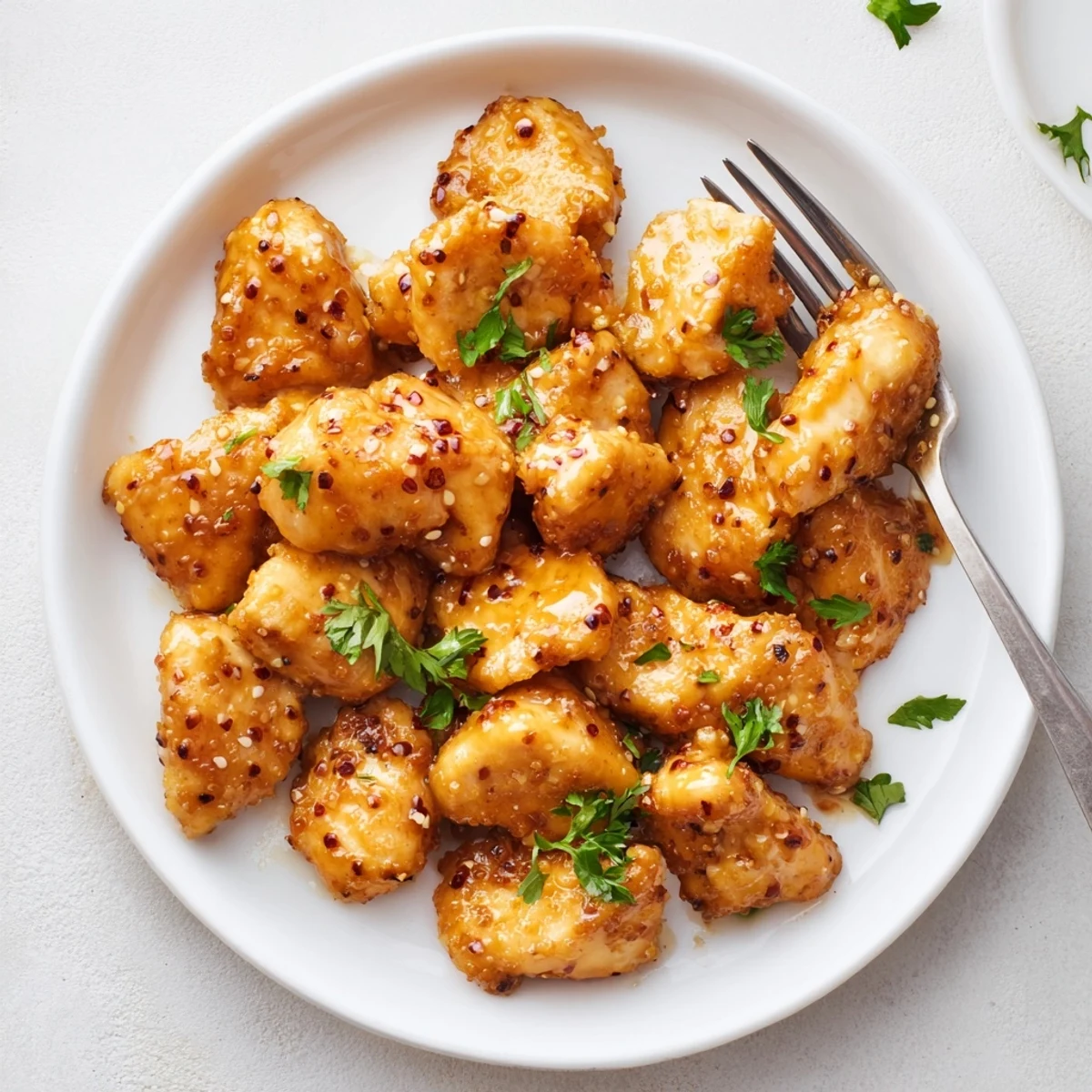 Golden oven baked honey mustard chicken breasts glazed with sweet tangy sauce and fresh parsley garnish