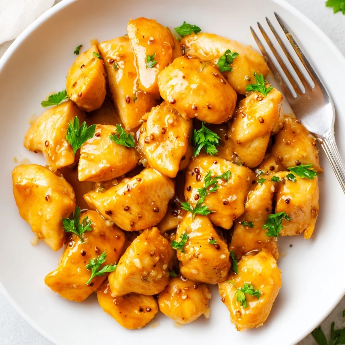 Crispy skinned oven baked honey mustard chicken pieces drizzled with honey mustard glaze and herbs