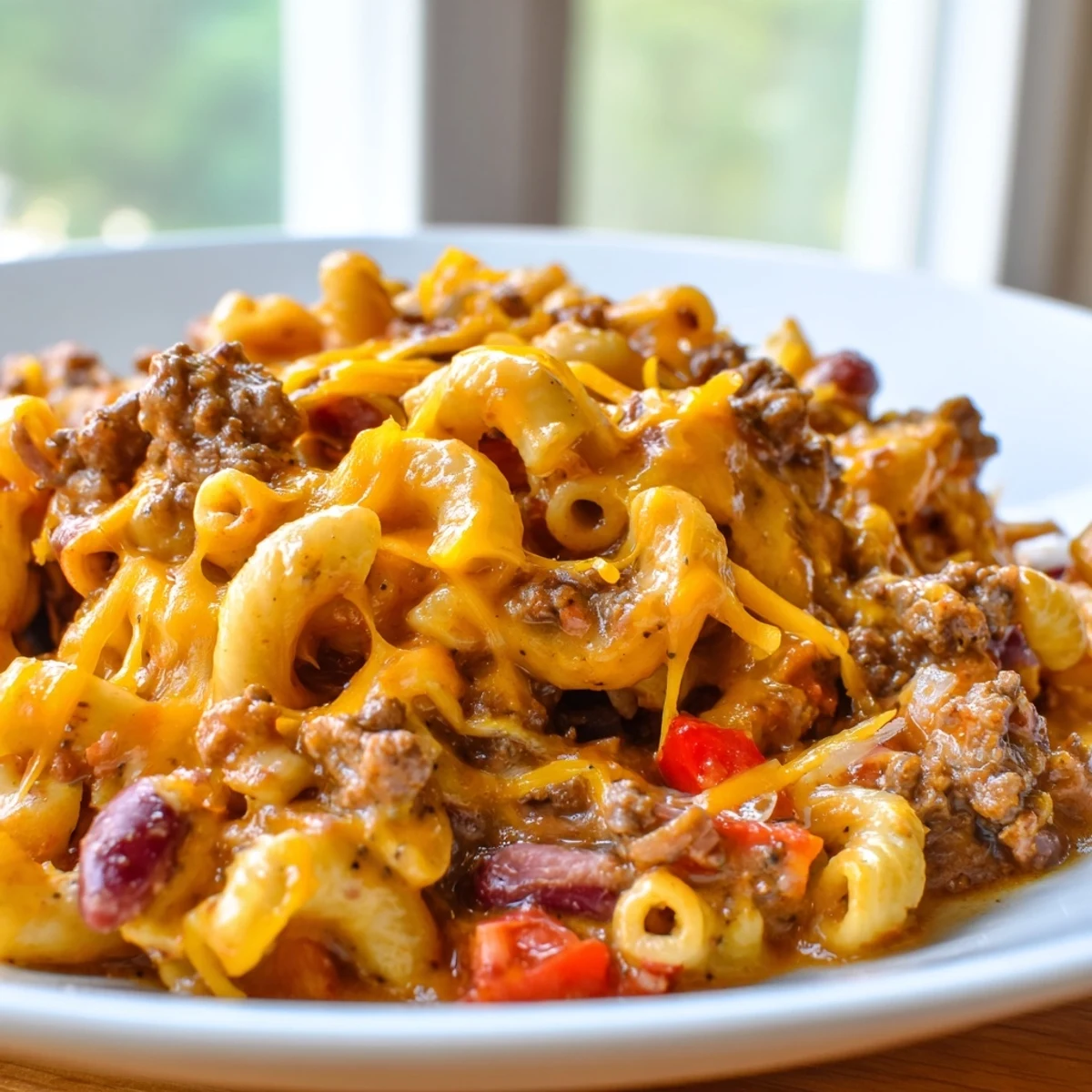 Creamy chili mac and cheese bubbling with melted cheddar and hearty ground beef