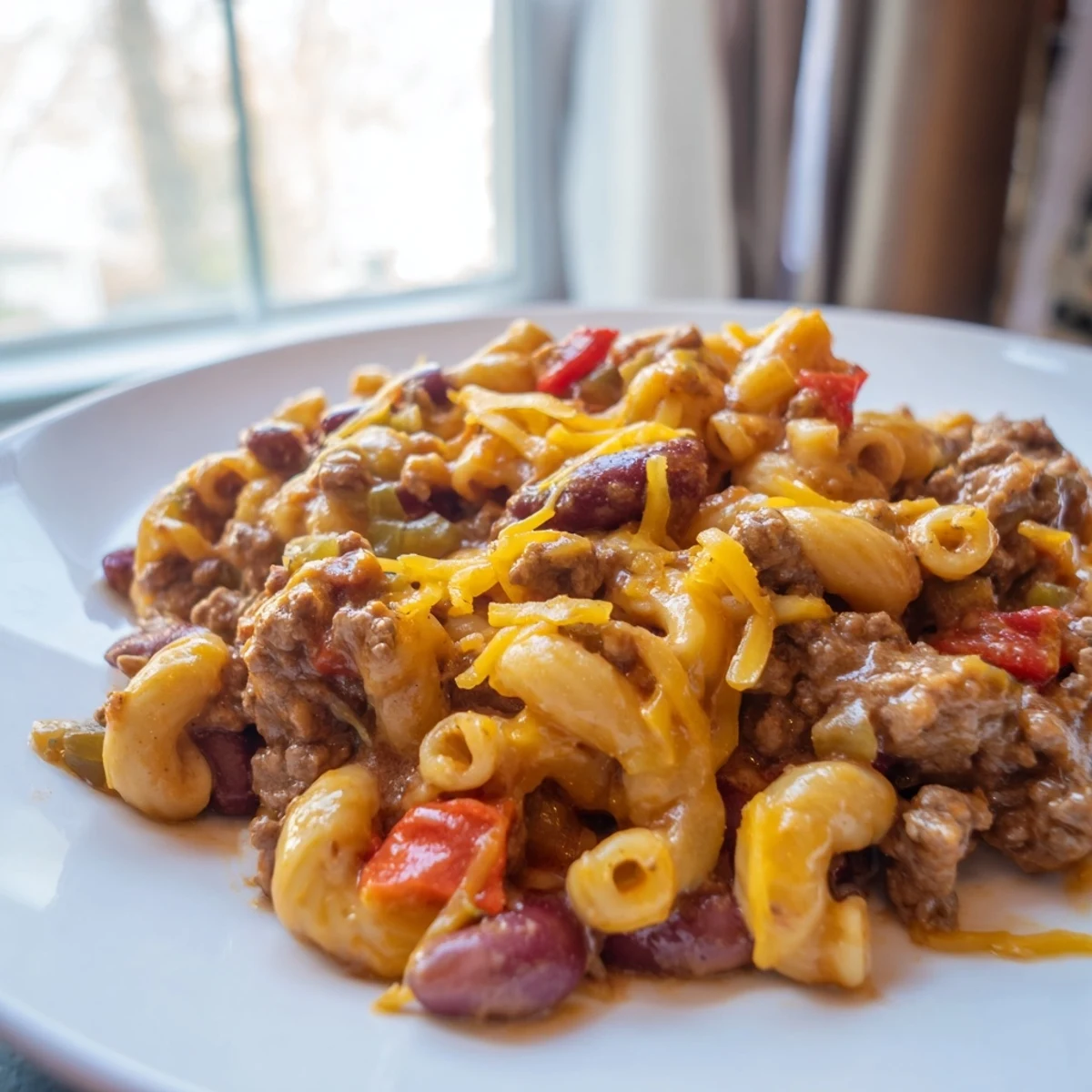 Steaming bowl of chili mac and cheese loaded with kidney beans and savory spices