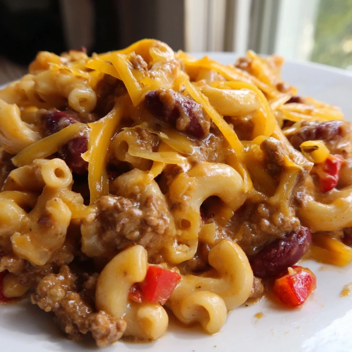 Homemade chili mac and cheese topped with gooey shredded cheddar over tender macaroni