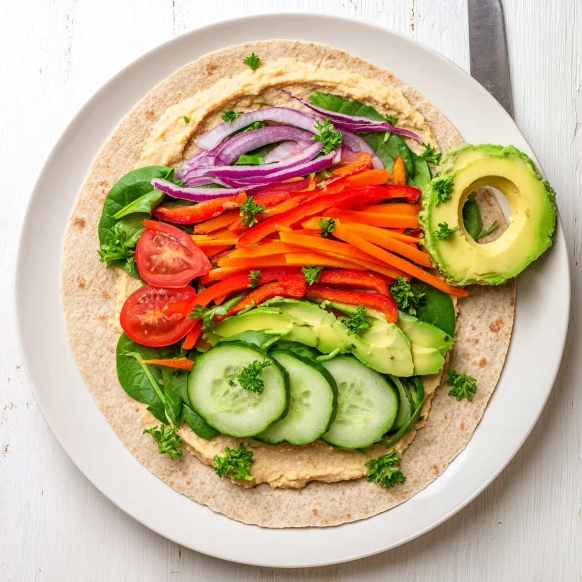 Whole wheat tortilla rolled tightly with crisp peppers, spinach, and savory spread