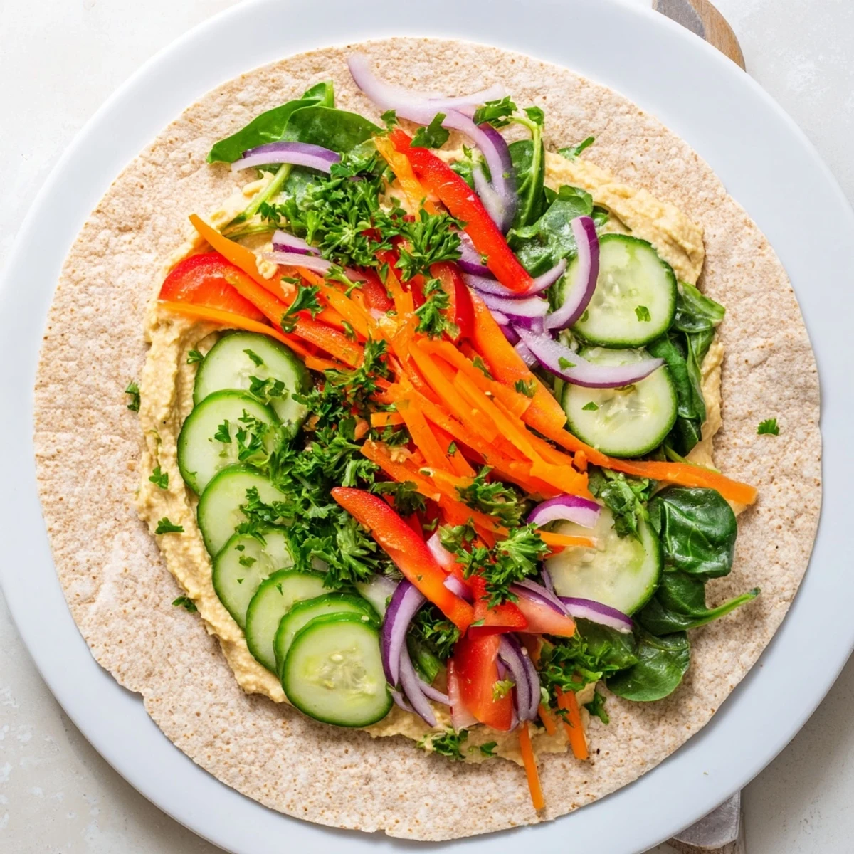 Mediterranean-style lunch wrap packed with grated carrots, cucumber slices, and plant-based protein
