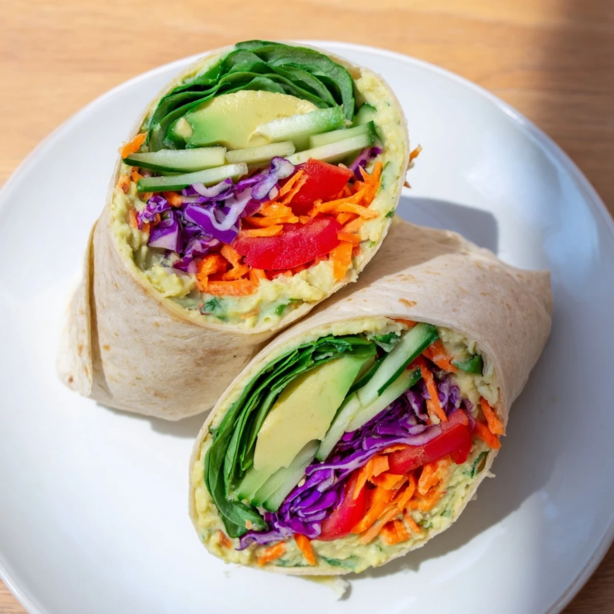 Golden veggie wrap with hummus showcasing colorful sliced vegetables rolled in whole wheat tortilla