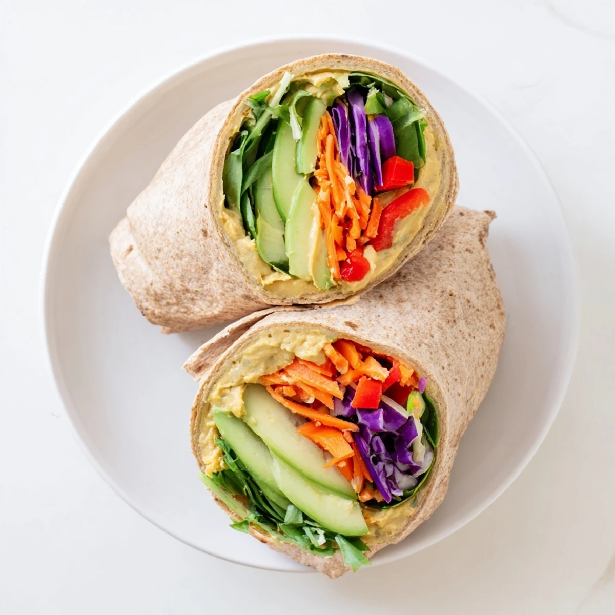 Mediterranean veggie wrap with hummus diagonally sliced revealing vibrant layers of fresh vegetables and creamy spread