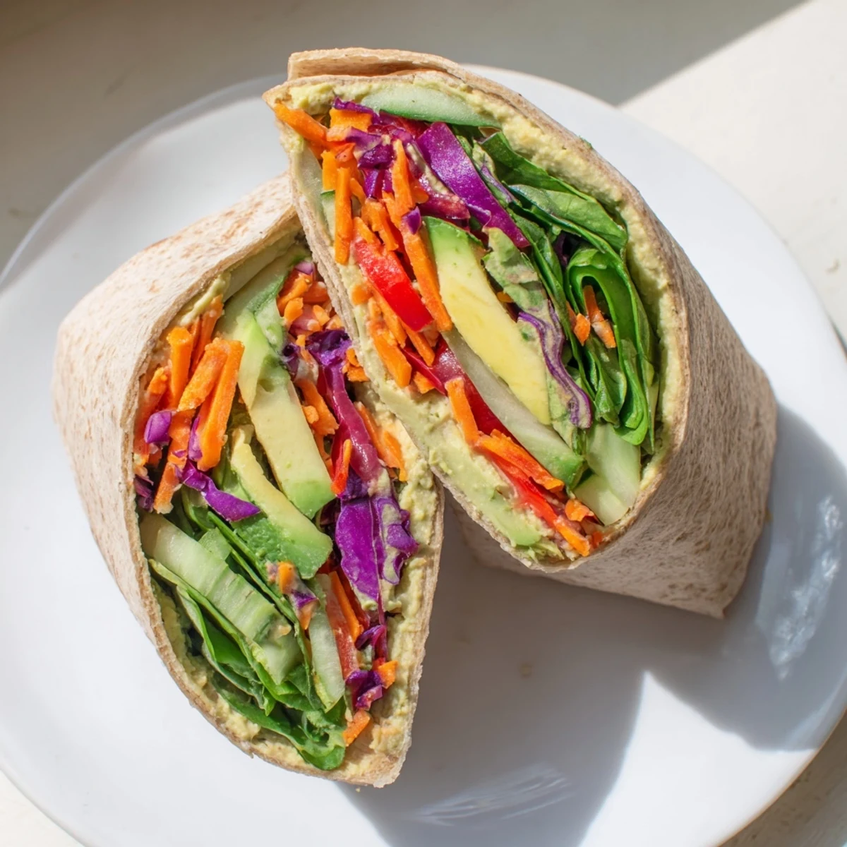 Healthy veggie wrap with hummus packed with shredded carrots spinach cucumber and red bell pepper slices