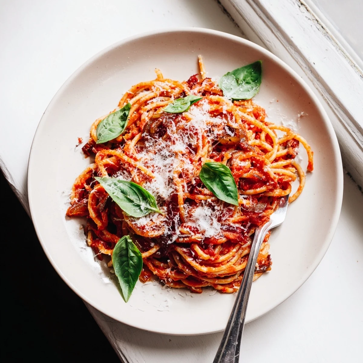 Steaming plate of classic Italian pasta coated in rich homemade tomato sauce with fresh basil garnish