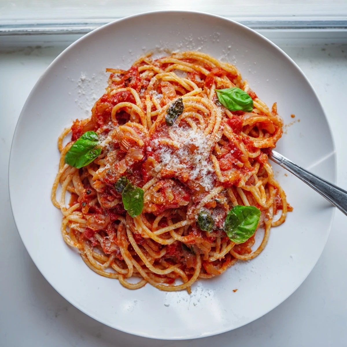 Tender noodles tossed in flavorful tomato sauce topped with grated Parmesan and green basil leaves