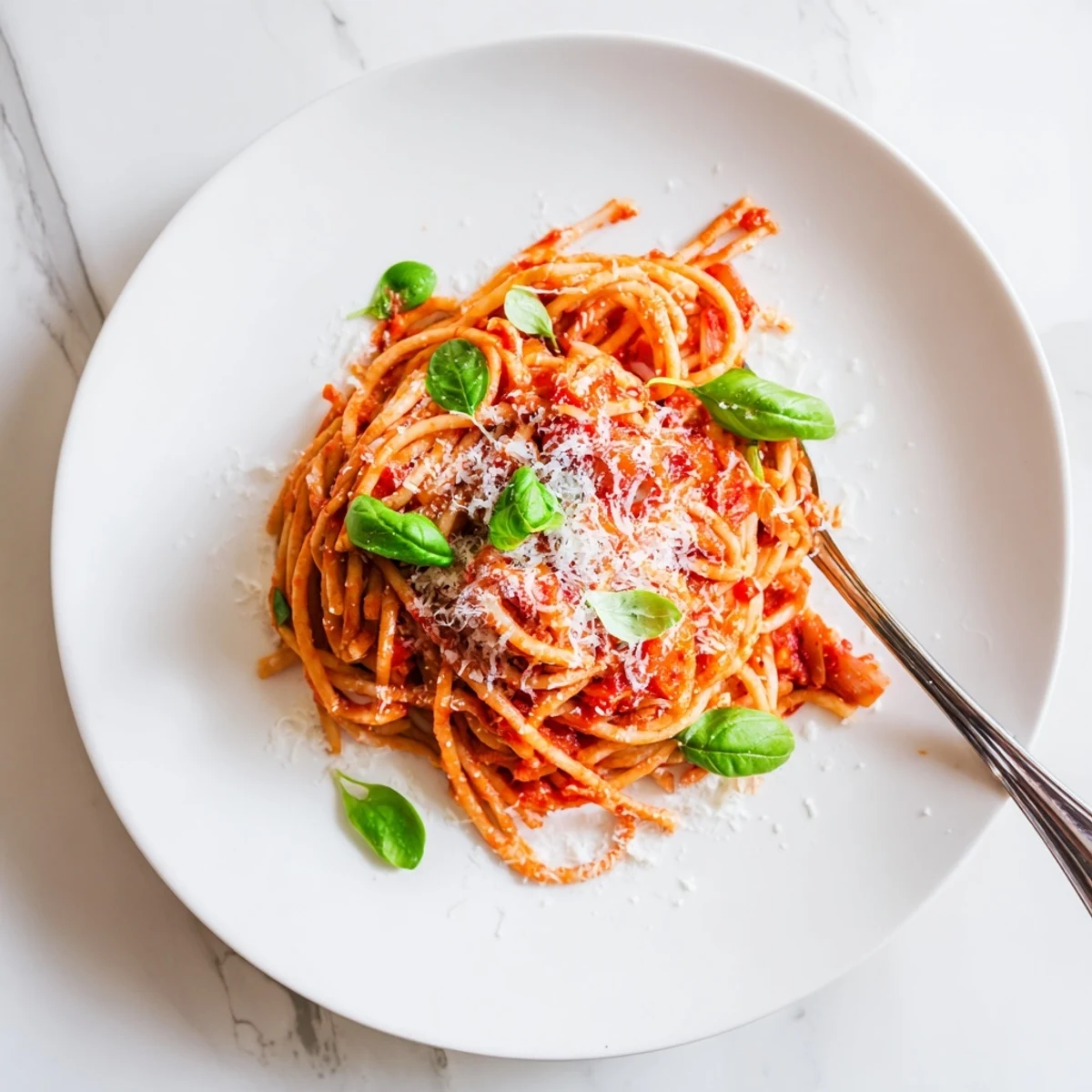 Golden pasta dish served hot with savory red tomato sauce, cheese sprinkles, and herb garnish