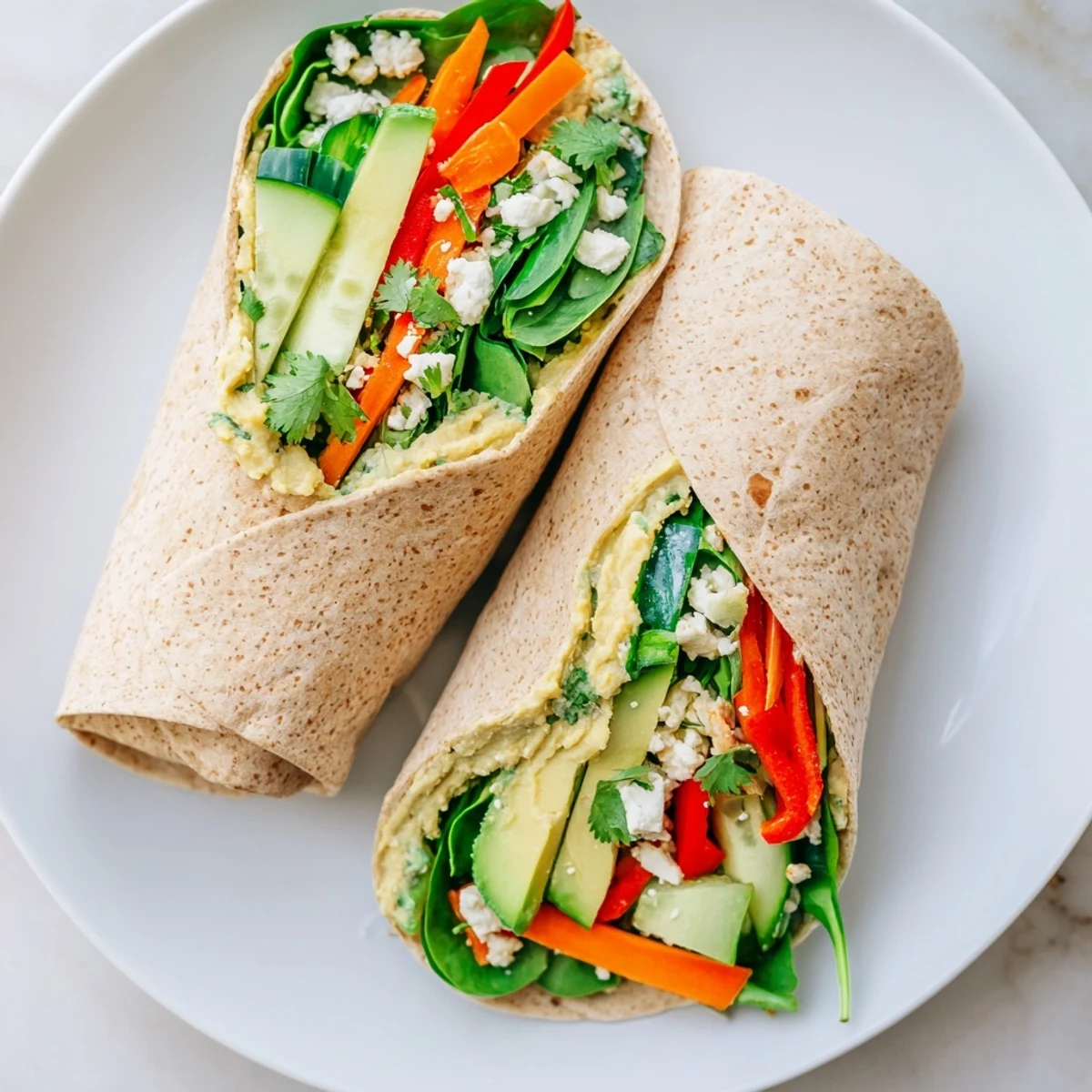 Golden whole wheat tortilla wrapped tightly around creamy hummus and layers of fresh crisp vegetables