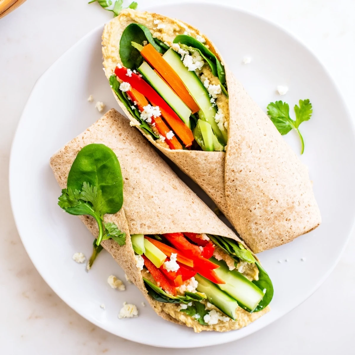 Vibrant spinach hummus lunch wraps diagonally sliced revealing colorful Mediterranean vegetables inside soft tortilla