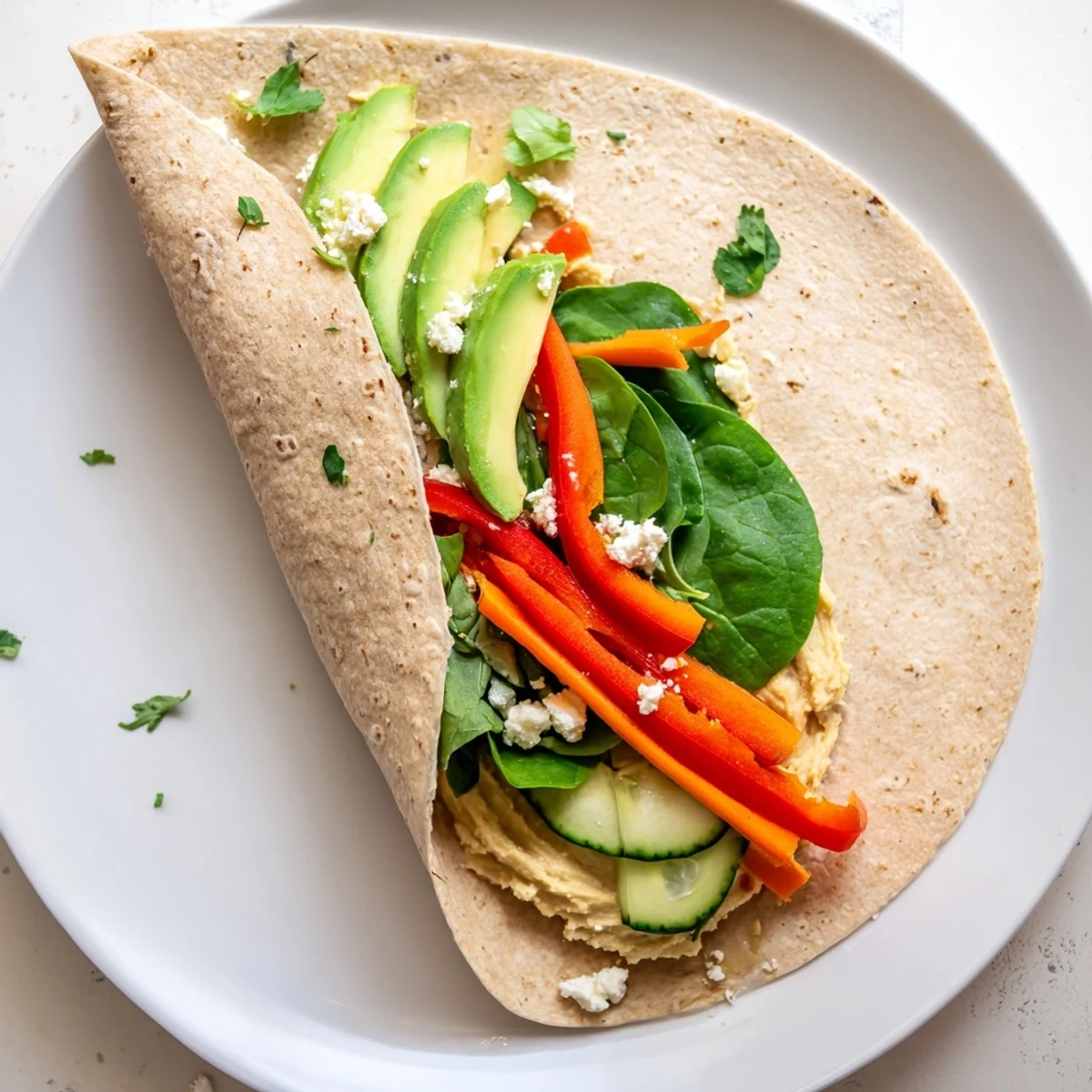 Healthy Mediterranean wrap filled with smooth hummus fresh baby spinach and sliced crisp vegetables