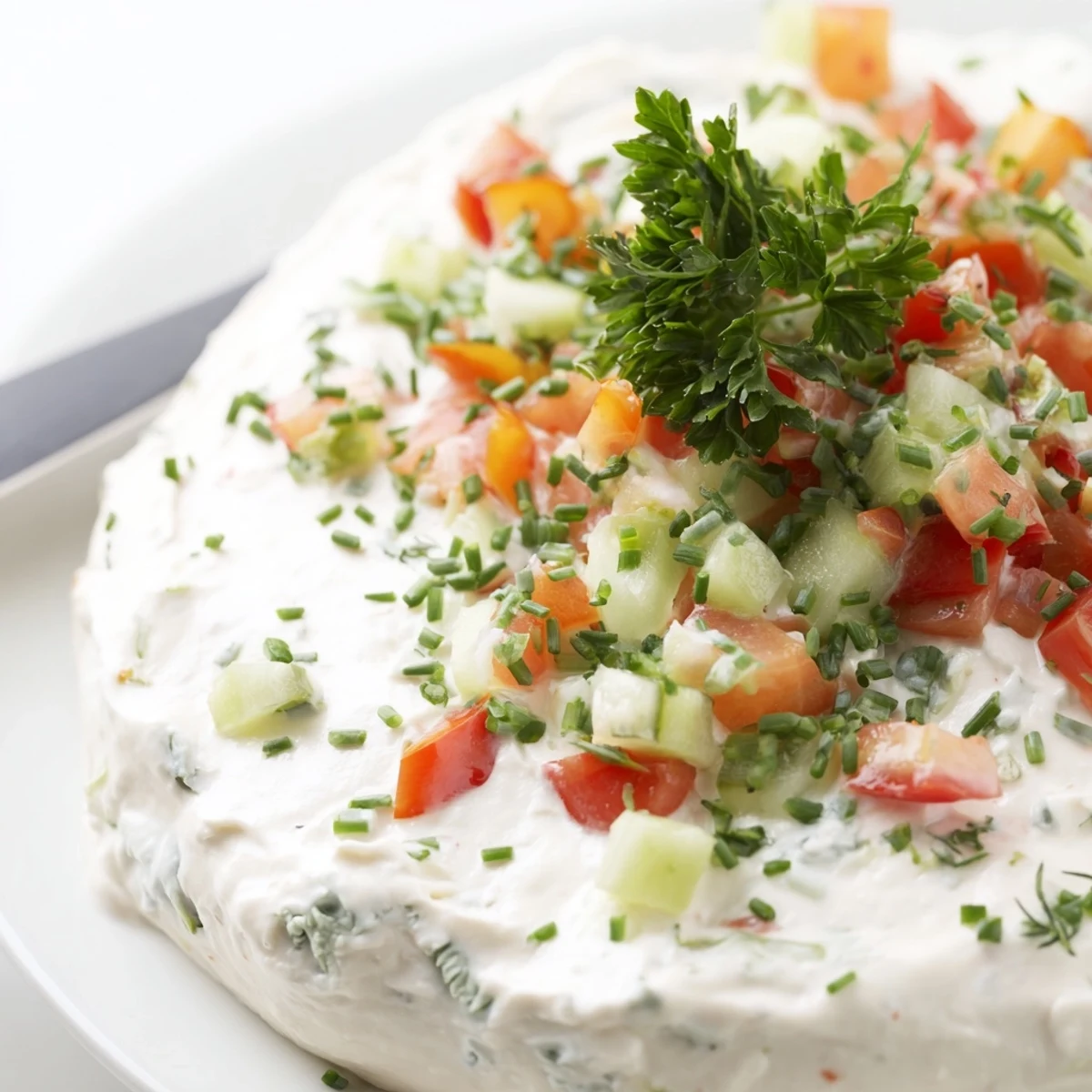 White bowl filled with zesty Grillos pickle de gallo ranch dip garnished with fresh herbs