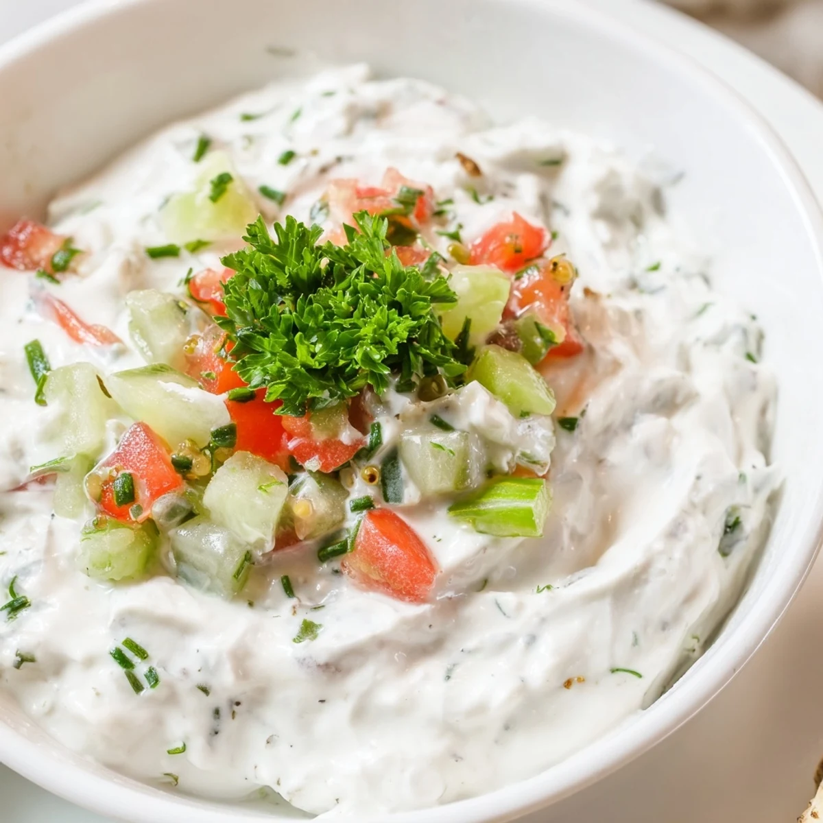 Creamy Grillos pickle de gallo ranch dip served in a white bowl with colorful vegetable chips