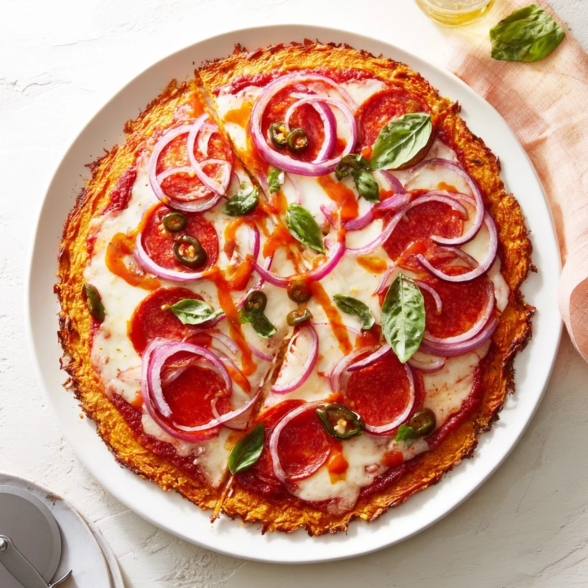 Golden pepperoni hot honey pizza with sweet potato crust features bubbling mozzarella and red onion slices