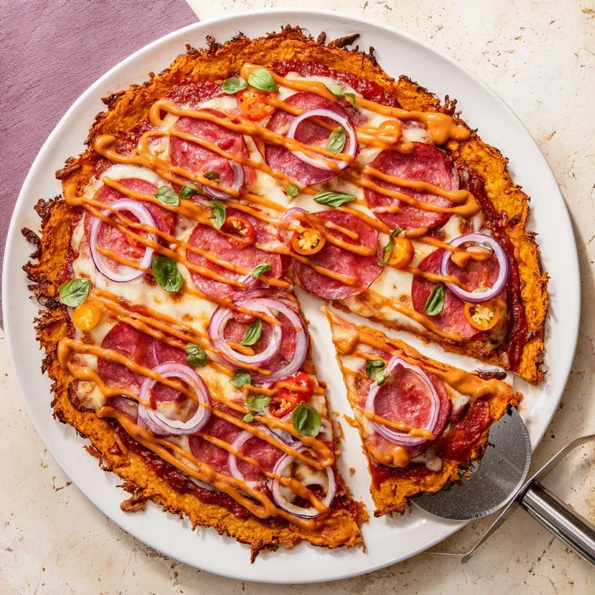 Gluten-free sweet potato crust pizza topped with spicy pepperoni and finished with spicy honey drizzle