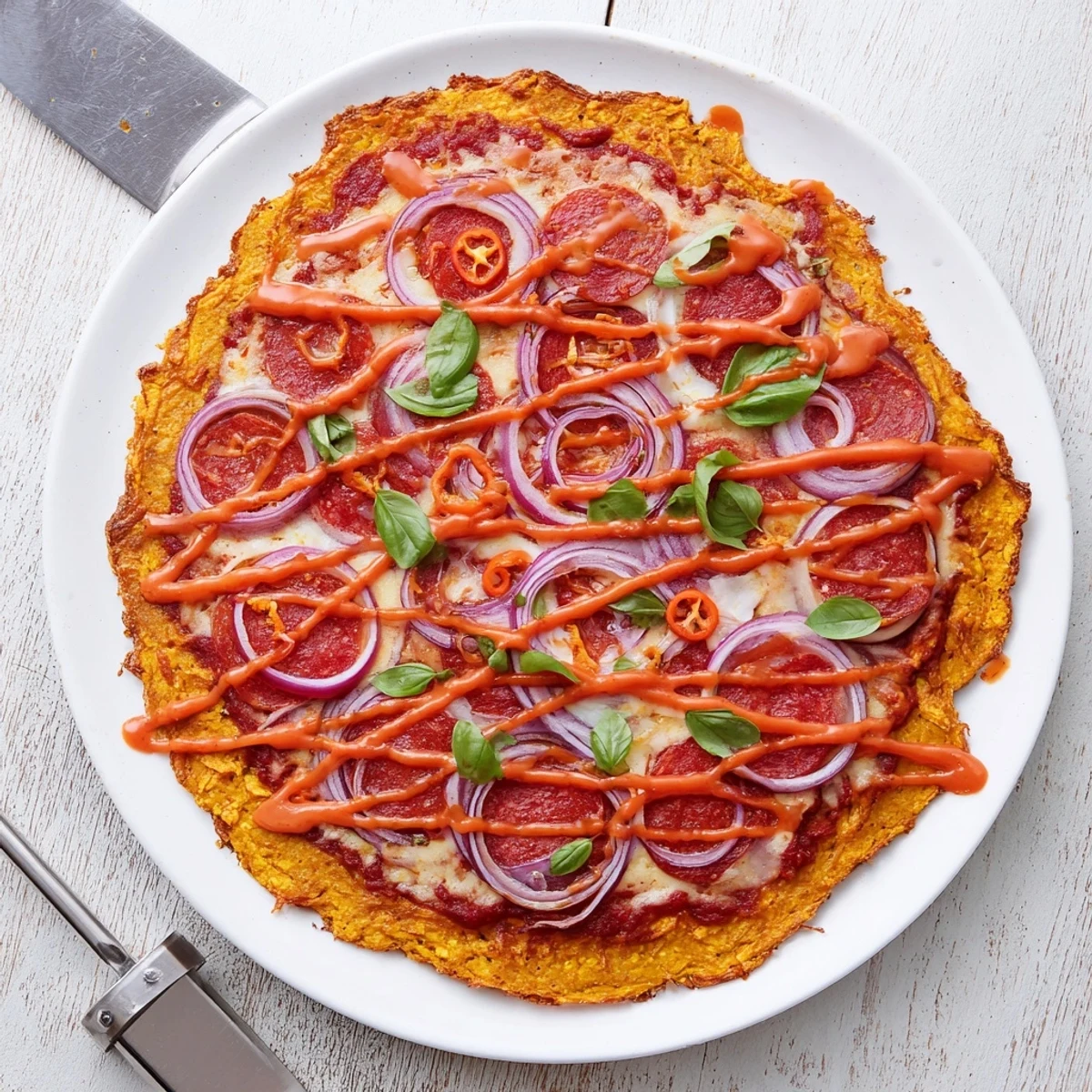 Hot honey drizzled over pepperoni pizza on a golden sweet potato crust with melted cheese