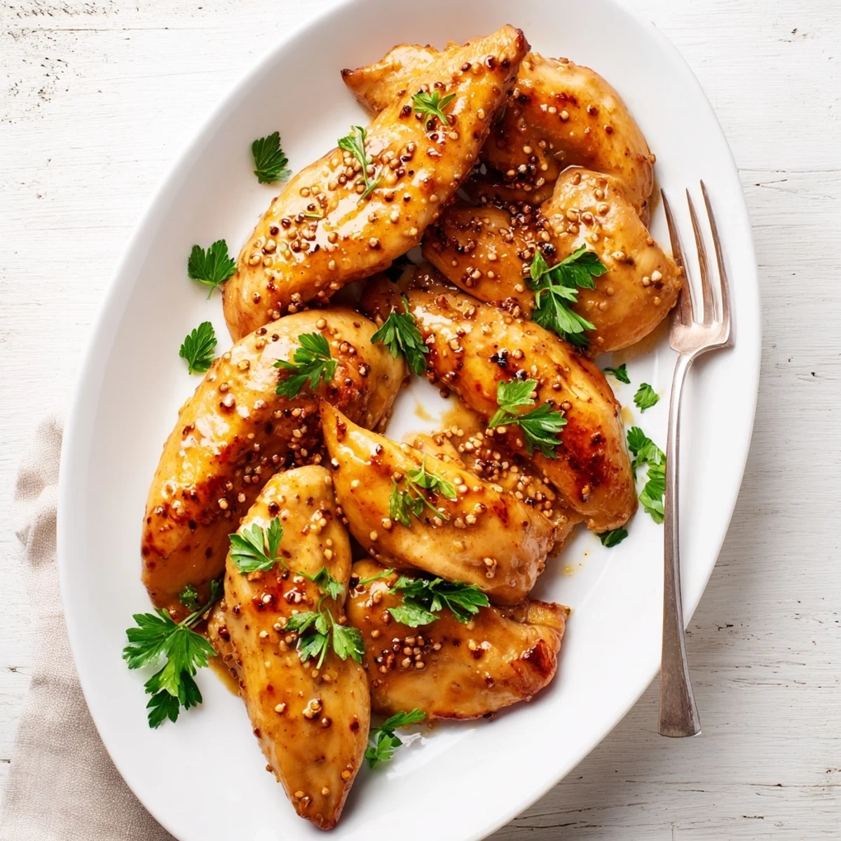 Juicy chicken breasts coated in sweet tangy honey mustard sauce fresh from the baking dish
