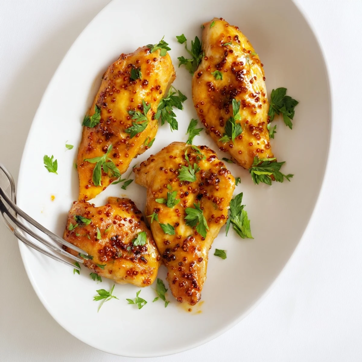Golden glazed oven baked honey mustard chicken rests on a white serving platter with fresh parsley garnish