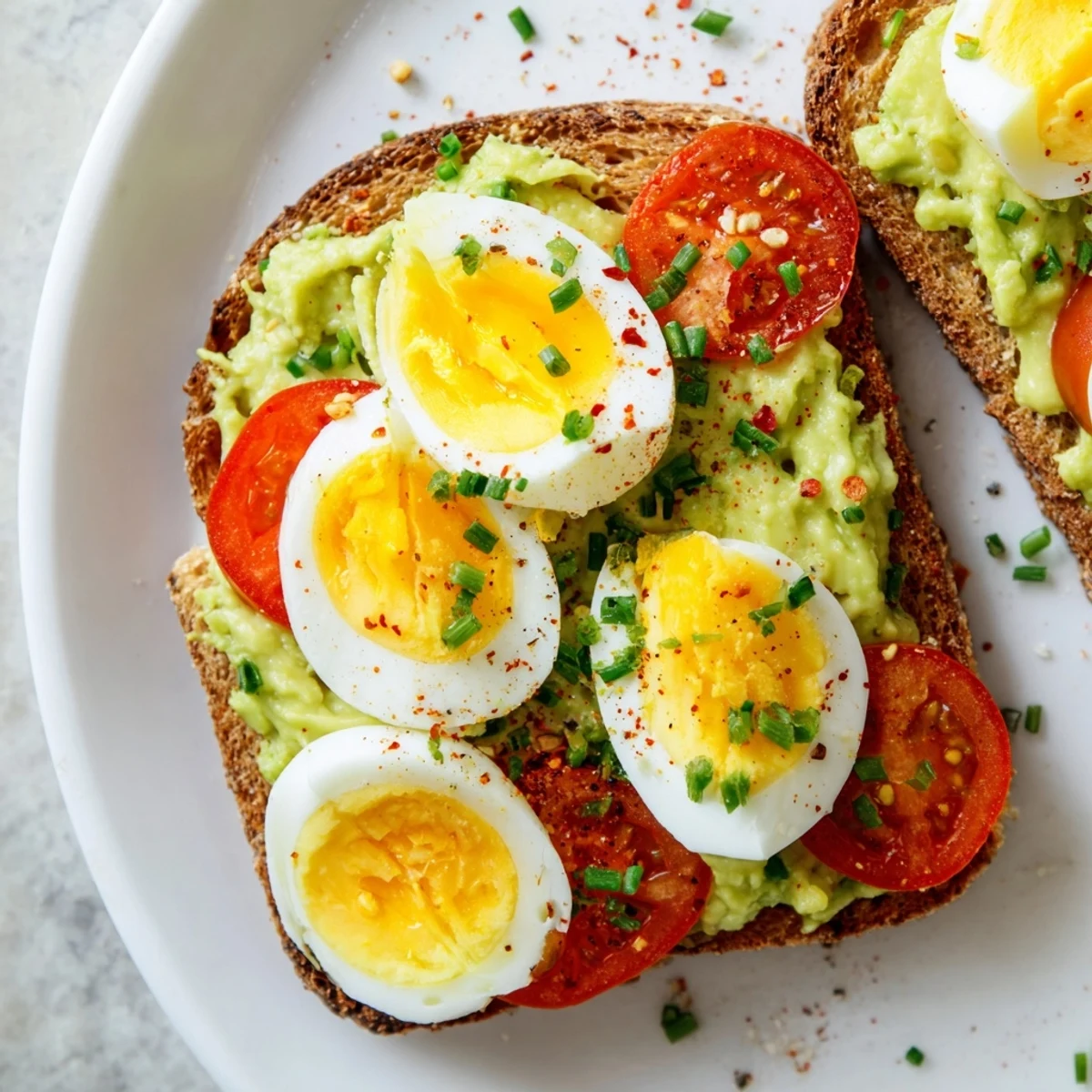 Golden avocado toast topped with sliced hard boiled eggs and juicy ripe tomato