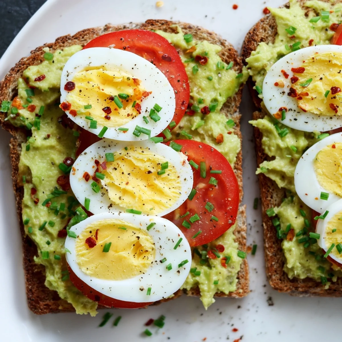 Sourdough toast layered with mashed avocado, tomato slices, and protein-packed hard boiled eggs