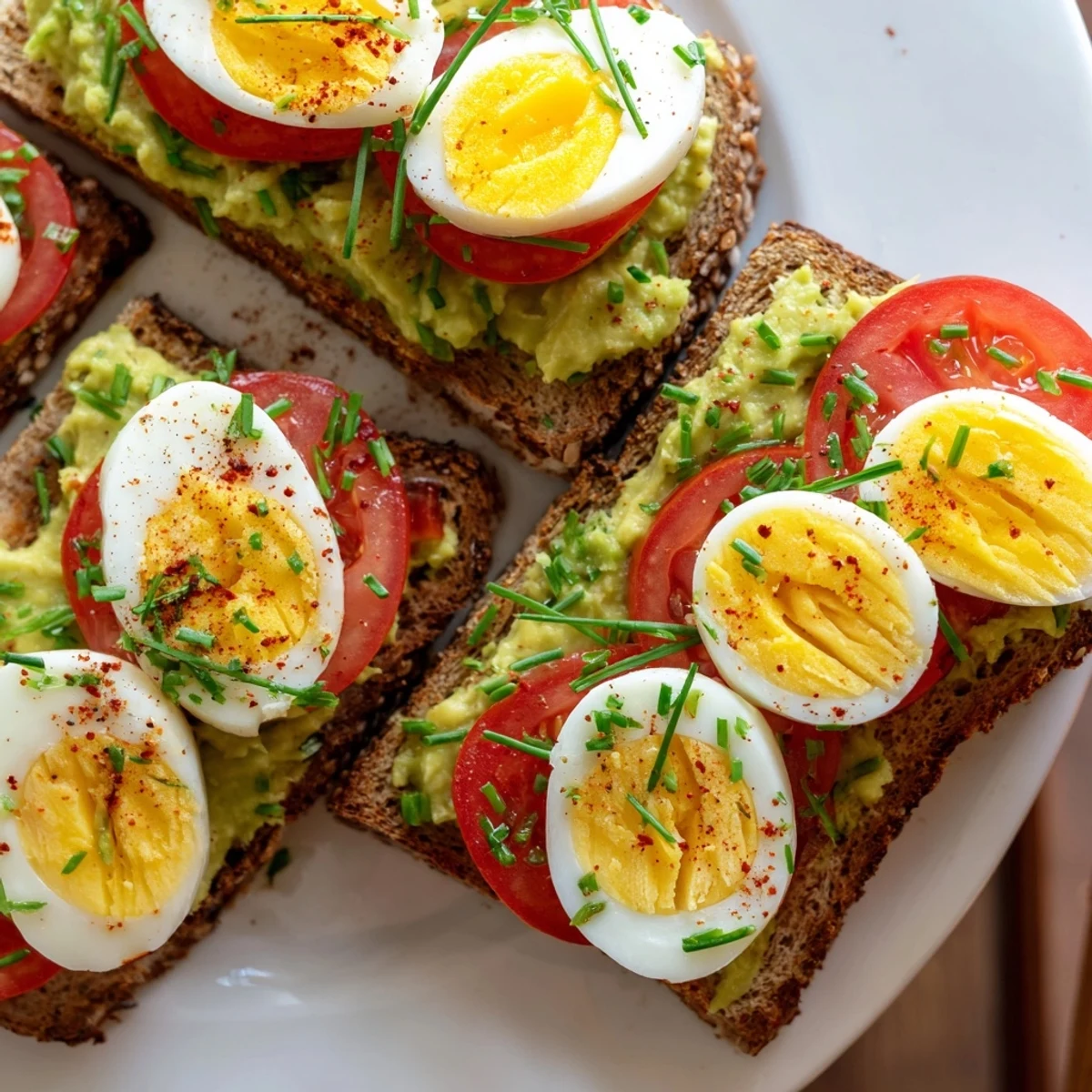 Creamy avocado toast with tomato and hard boiled egg garnished with fresh chives