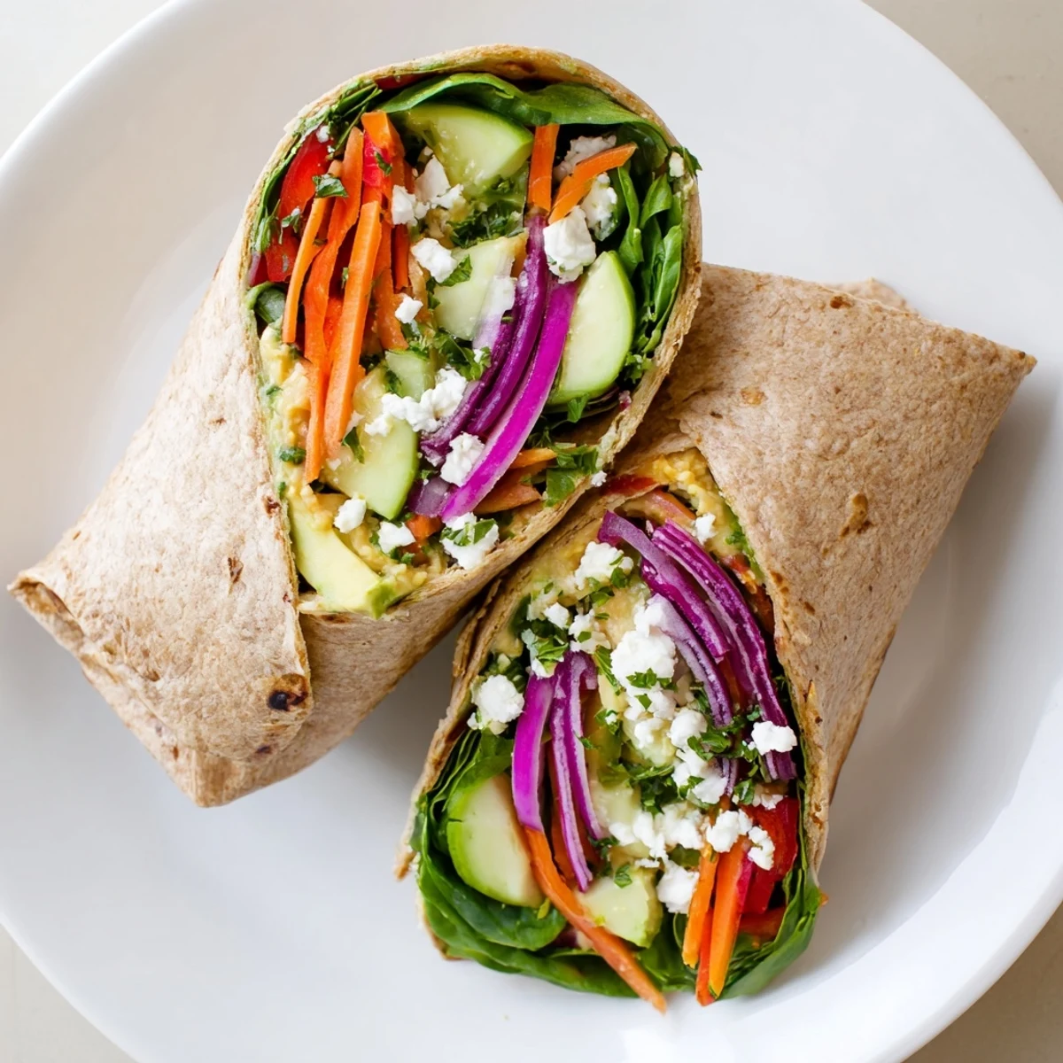 Fresh hummus veggie wrap rolled tight with crisp colorful vegetables on whole wheat tortilla