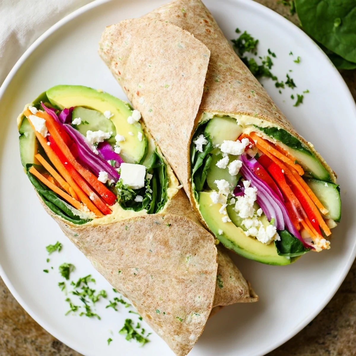 Healthy hummus veggie wrap packed with crunchy julienned carrots and purple cabbage ready for lunch