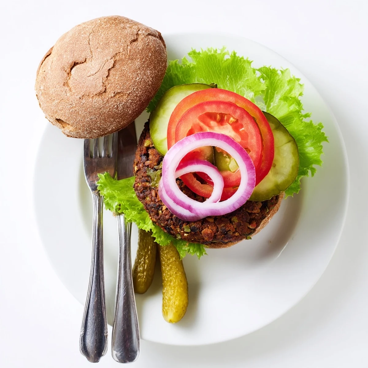Golden veggie burgers recipe stacked on whole wheat buns with fresh lettuce, tomato, and melted cheese