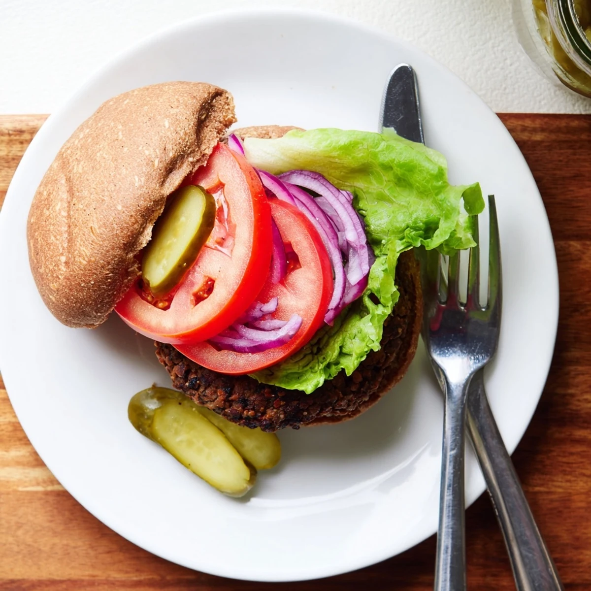 Platter of homemade veggie burgers recipe served with crispy sweet potato fries and assorted condiments