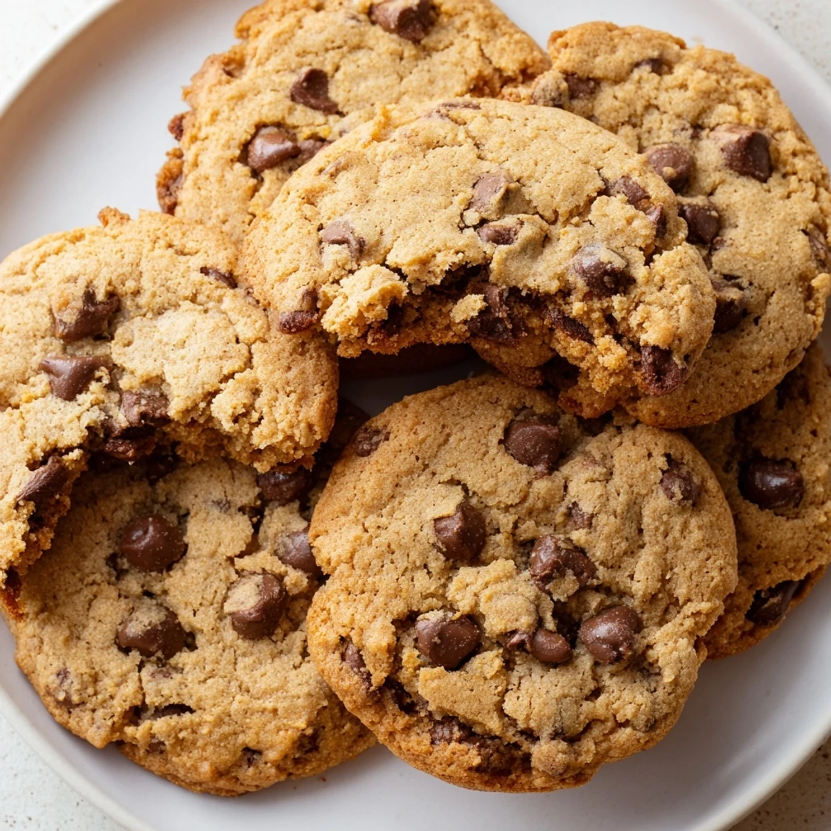 Freshly baked chewy chocolate chip cookies with melted chocolate centers on a cooling rack