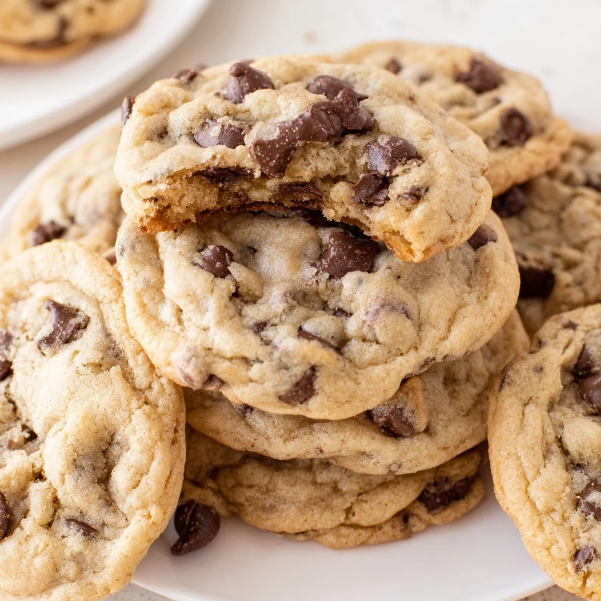 Golden brown chewy chocolate chip cookies stacked high with gooey chocolate chunks visible