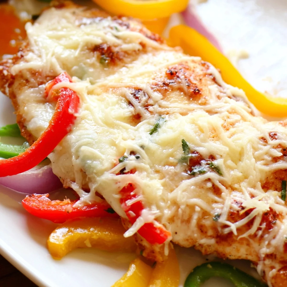 Golden bubbly cheesy baked chicken breast nestled among colorful roasted bell pepper slices