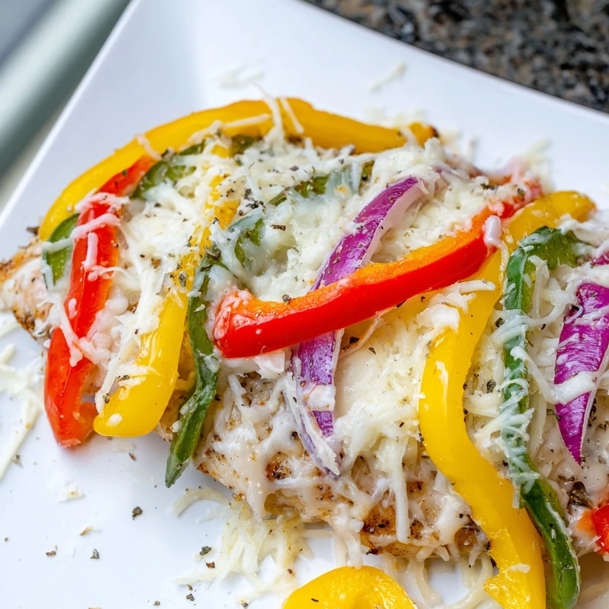 Tender cheesy baked chicken breast served with vibrant red yellow and green peppers