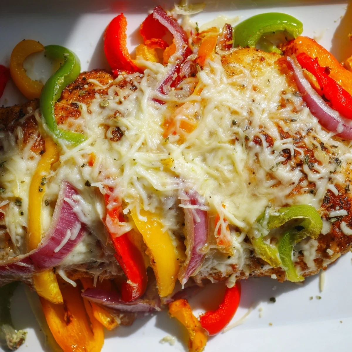 Melted mozzarella and Parmesan atop juicy baked chicken breast with colorful roasted vegetables