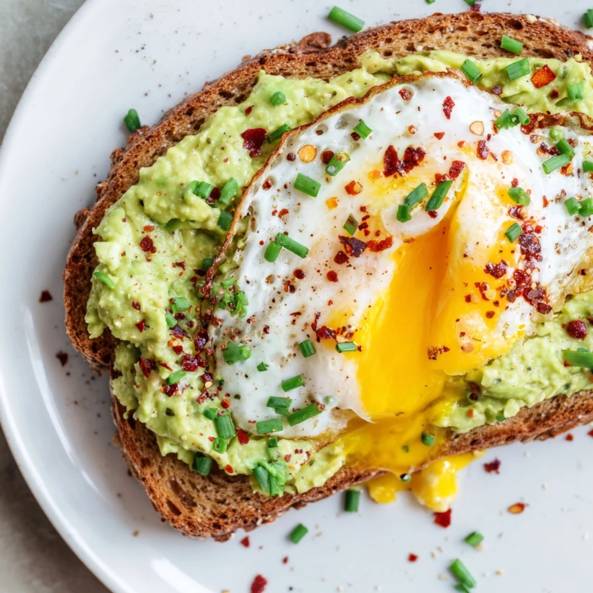 Crispy sourdough slice topped with smashed ripe avocado and sunny side up egg in this easy avocado toast with egg recipe