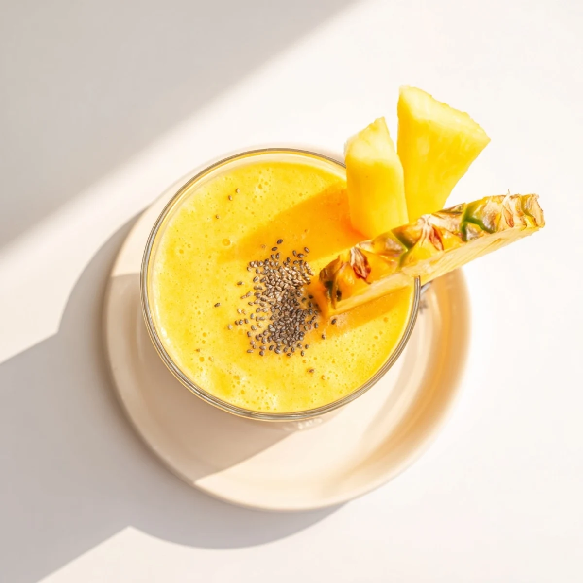 Creamy blended pineapple mango smoothie recipe poured into tall glasses showing vibrant orange yellow hues