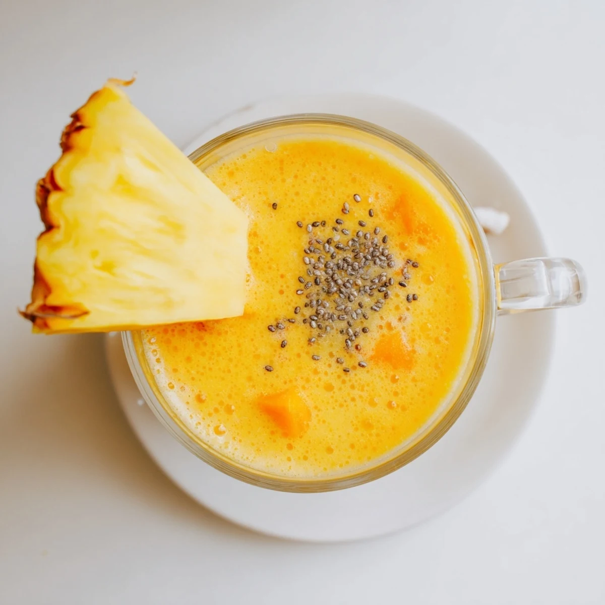 Golden yellow tropical pineapple mango smoothie recipe served in a clear glass with fresh fruit garnish