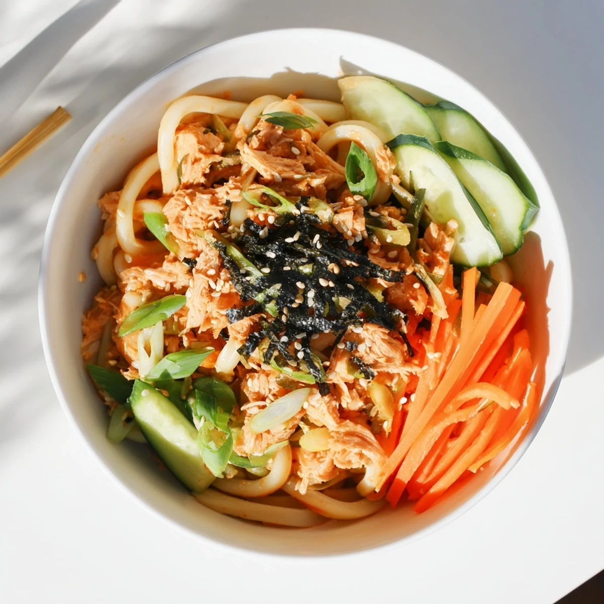 Thick udon noodles tossed with spicy tuna and fresh cucumber carrot garnish