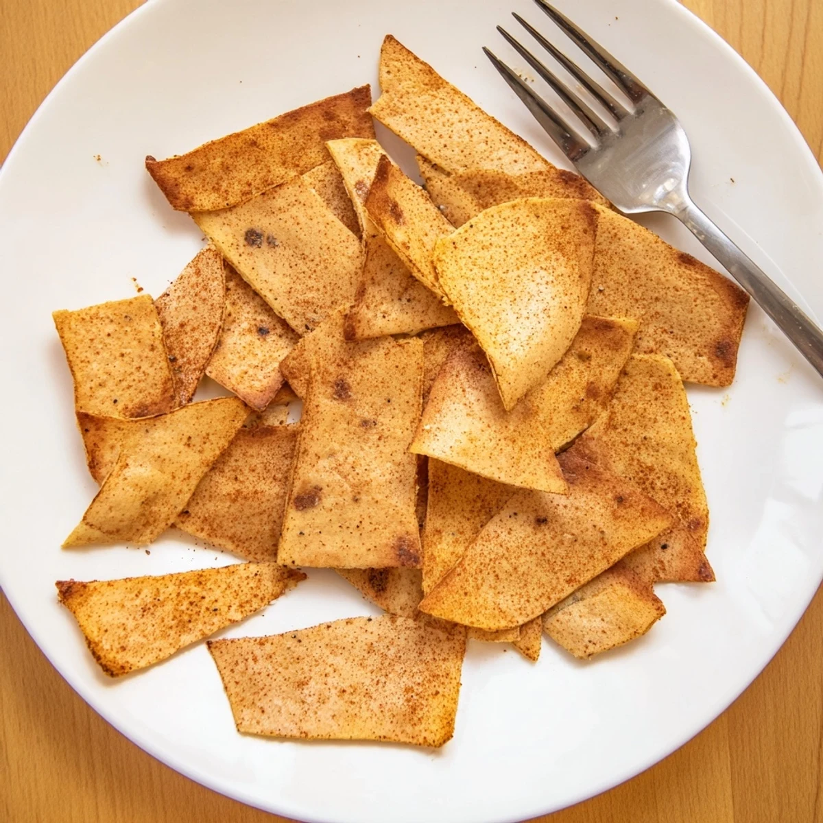 Golden crispy chickpea chips arranged on a wooden board with a side of hummus