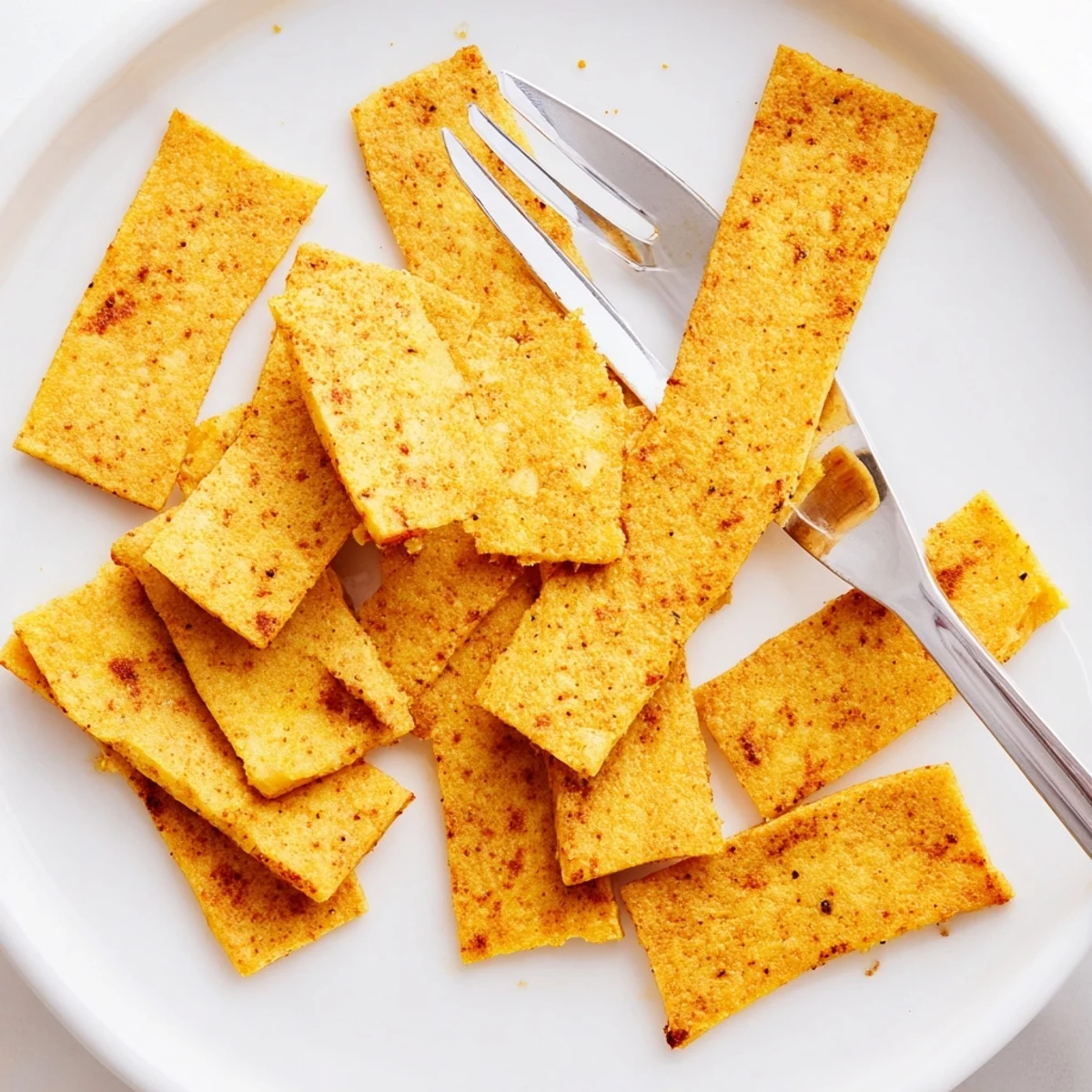 Baked chickpea chips showing golden edges and seasonings on a white serving platter